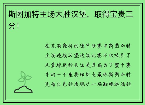 斯图加特主场大胜汉堡，取得宝贵三分！