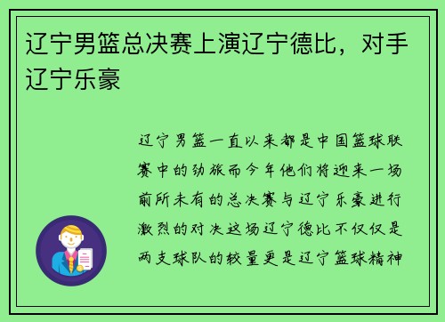 辽宁男篮总决赛上演辽宁德比，对手辽宁乐豪