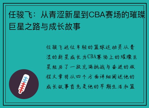 任骏飞：从青涩新星到CBA赛场的璀璨巨星之路与成长故事
