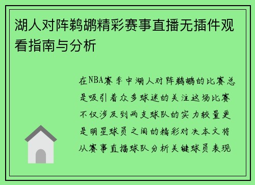 湖人对阵鹈鹕精彩赛事直播无插件观看指南与分析