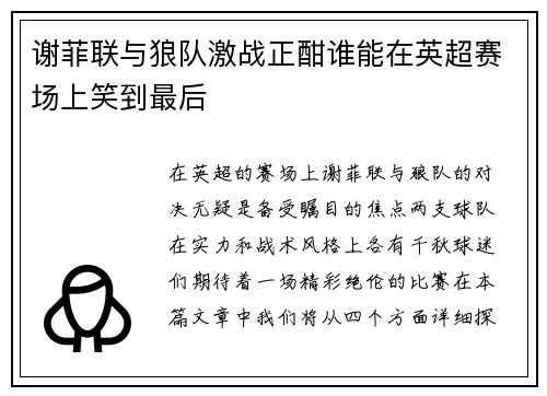 谢菲联与狼队激战正酣谁能在英超赛场上笑到最后