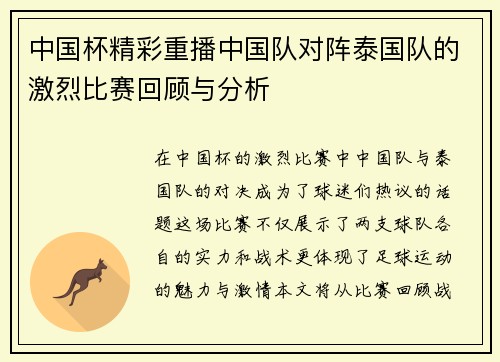 中国杯精彩重播中国队对阵泰国队的激烈比赛回顾与分析