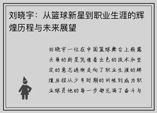刘晓宇：从篮球新星到职业生涯的辉煌历程与未来展望