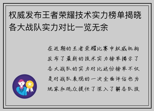 权威发布王者荣耀技术实力榜单揭晓各大战队实力对比一览无余