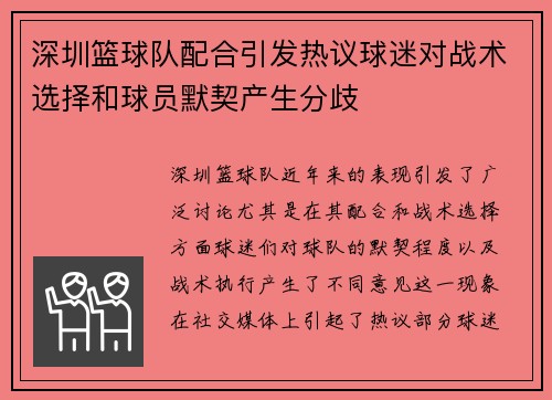 深圳篮球队配合引发热议球迷对战术选择和球员默契产生分歧